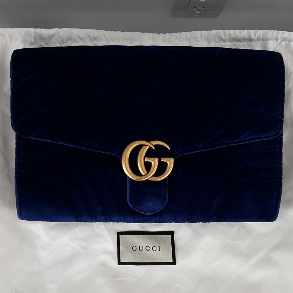 Gucci Marmont Navy Blue Velvet Clutch with Iconic GG Logo